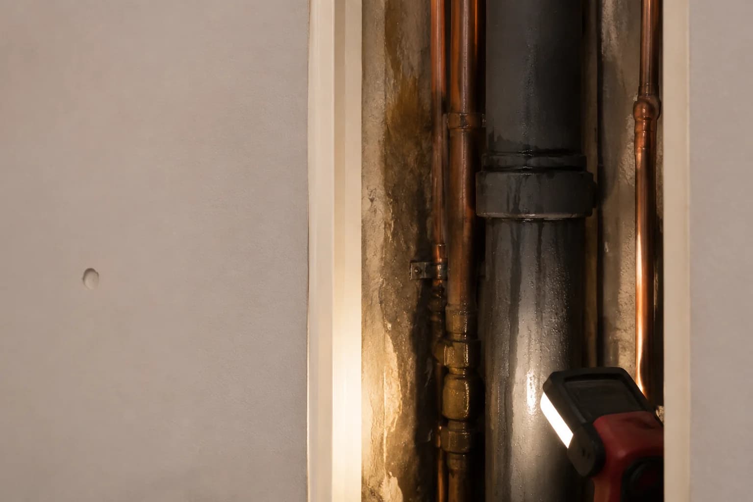 Detalle técnico de una bajante comunitaria en un edificio residencial
